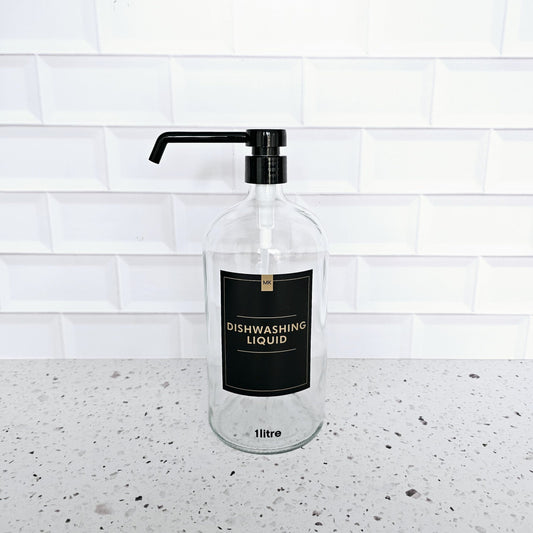 1L Clear Glass Dispenser Bottle – Labels